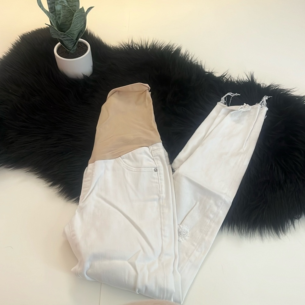 AG Adriano GOLDSCHMIED Maternity White Distressed Skinny Raw Hem Jeans Size 27